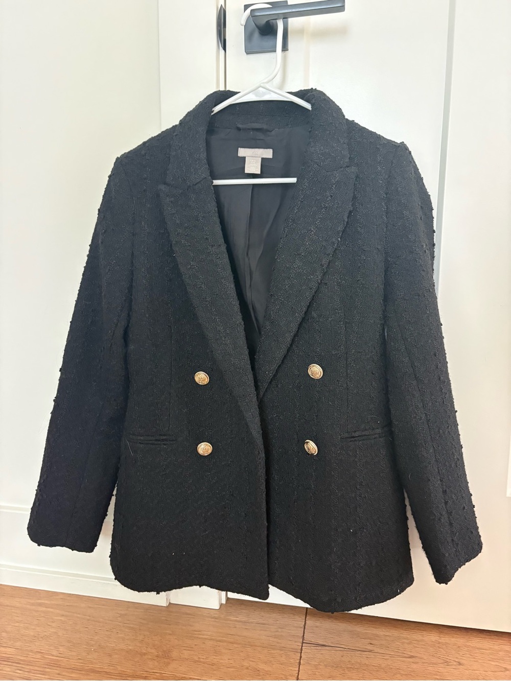 H&M Black Double-Breasted Bouclé Blazer with Gold Buttons